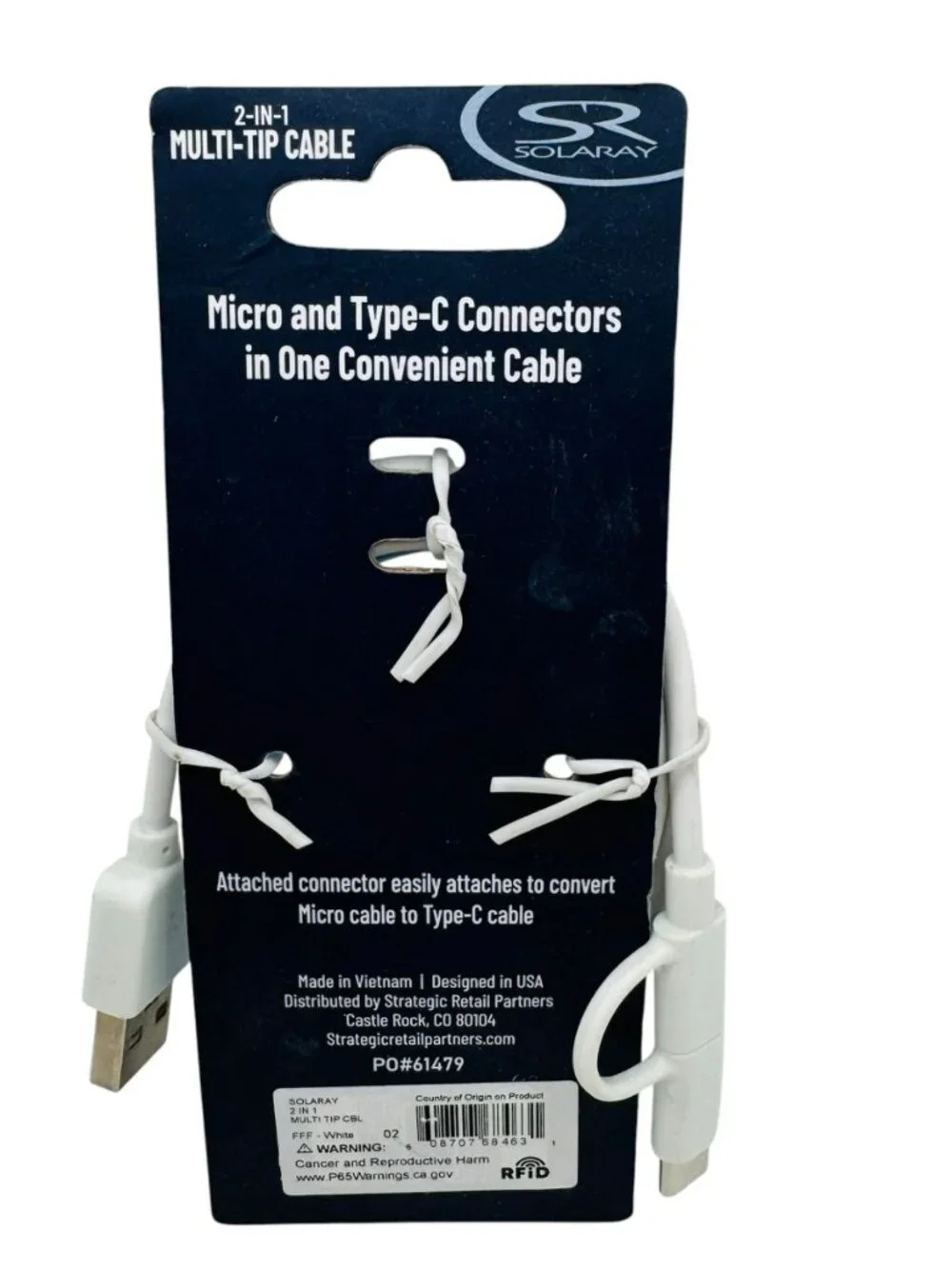 Solaray 2-In-1 Multi-Tip Cable Micro USB To Type-C 4ft White Charging Cable